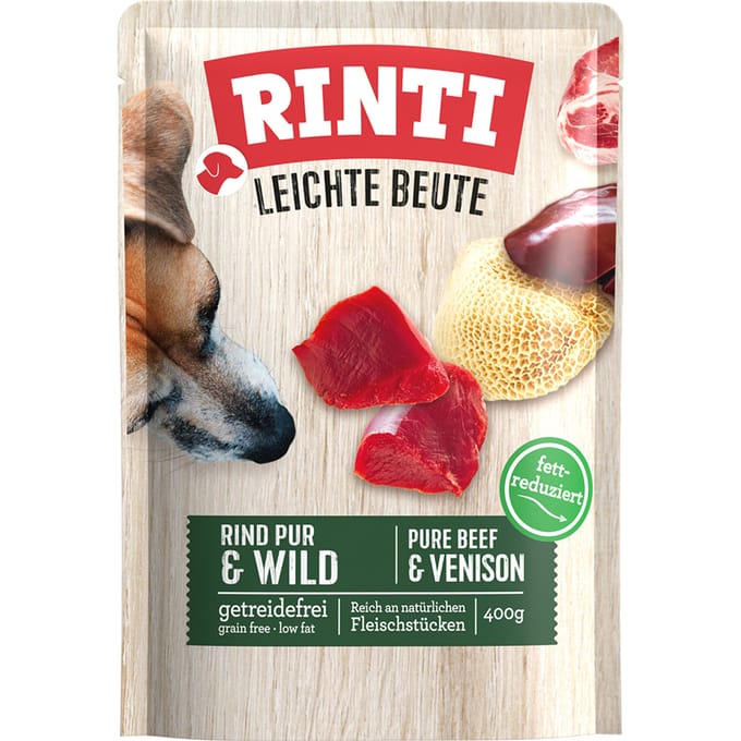 10x400g RINTI Lichte prooi puur rund & wild natvoer voor honden