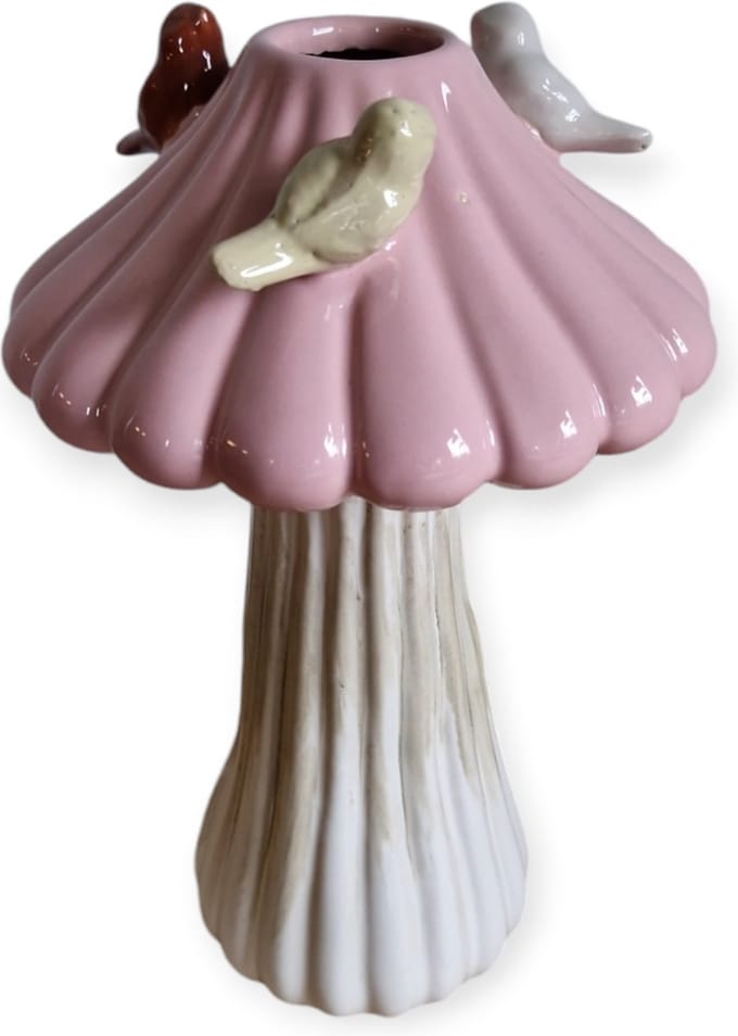 Daan Kromhout - Vaas - Paddenstoel - Met Vogeltjes - Creme - Roze -16x25cm