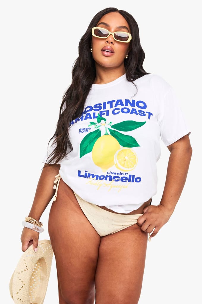 boohoo Dames Plus Positano Amalfi Kust Citroenprint Oversized T-Shirt | Wit | Maat: 54