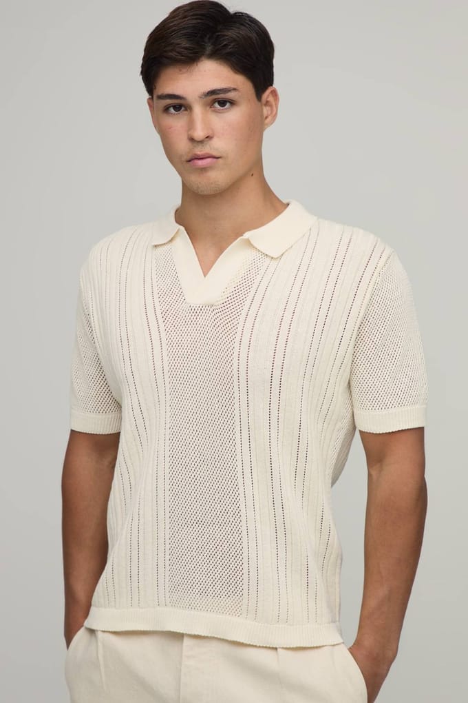 Boxy Fit V Neck Open Rib Knitted Polo T-Shirt | Ecru | Size Medium
