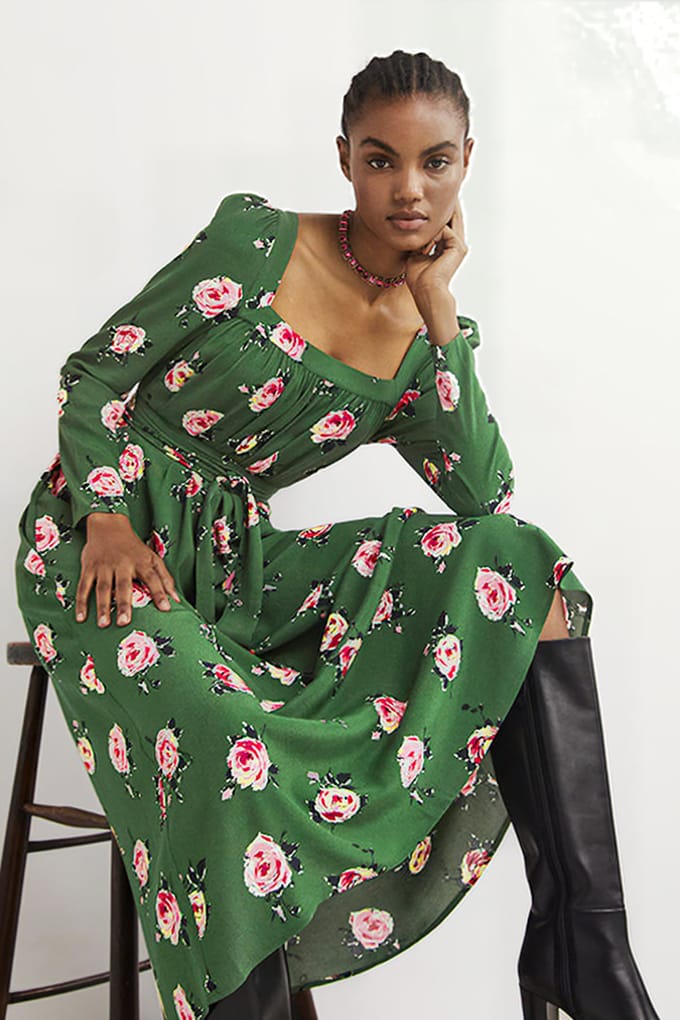 Boden Square Neck Maxi Dress Grn Maat: 8P | Midi Jurken Outlet | Dames
