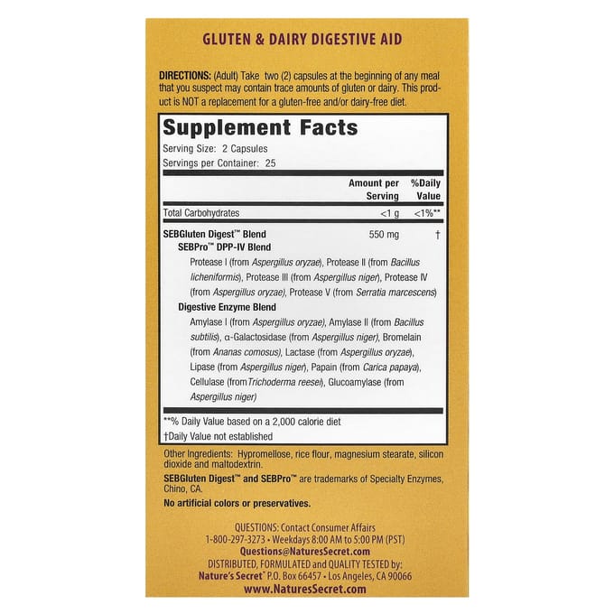 Nature's Secret, Aide digestive sans gluten et sans produits laitiers™, 50 capsules