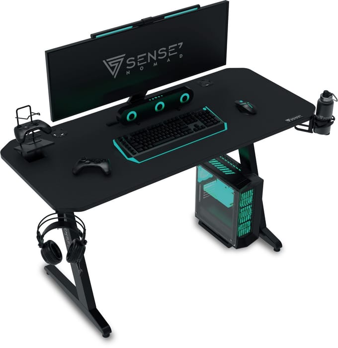 SENSE7 Nomad Basic - Gaming Bureau - 120x60 cm - Bekerhouder & Headsethaak - Computerbureau - Bureau - Kabelmanagement - Zwart