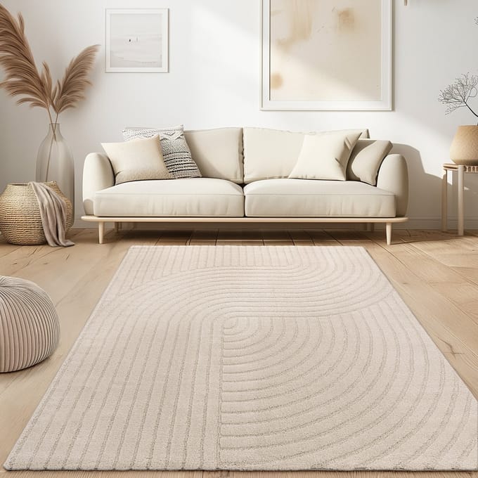 Flycarpets Laagpolig Japandi Vloerkleed Aubela - Boomstam Design - Creme