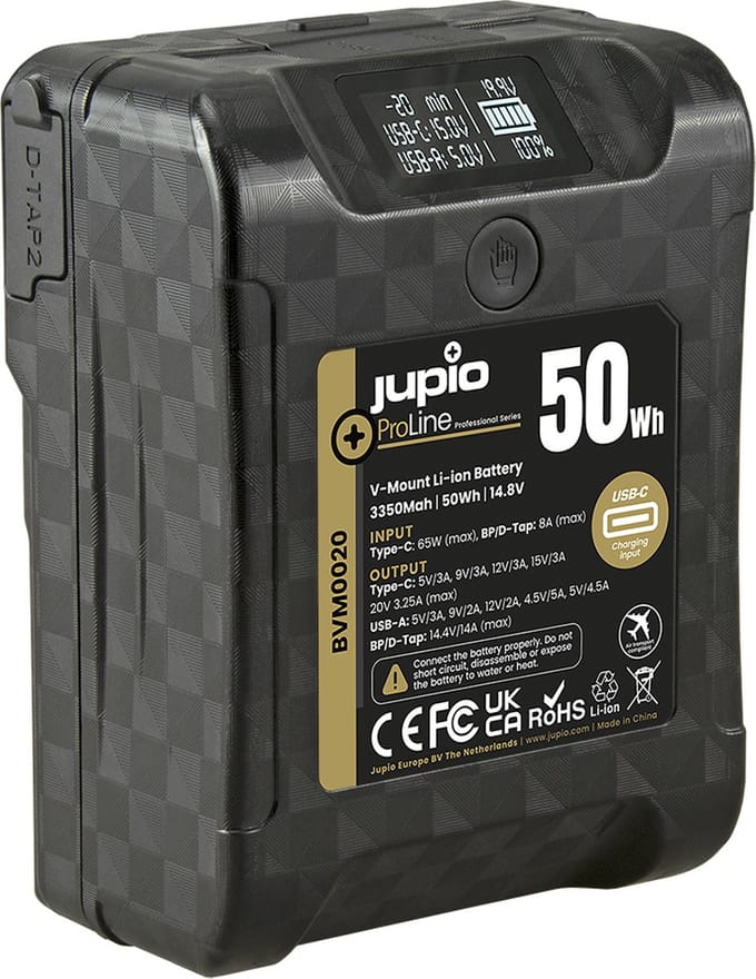 Jupio ProLine Extreme 50 V-Mount battery 3350mAh (50Wh) - LCD Display, USB-C PD 65W in/output, D-Tap in/output and USB-A output