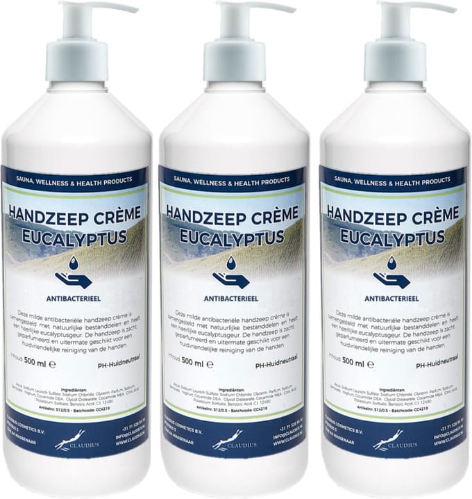 Handzeep Crème Eucalyptus 500 ml - set van 3 stuks - met gratis pomp - Voordeelverpakking