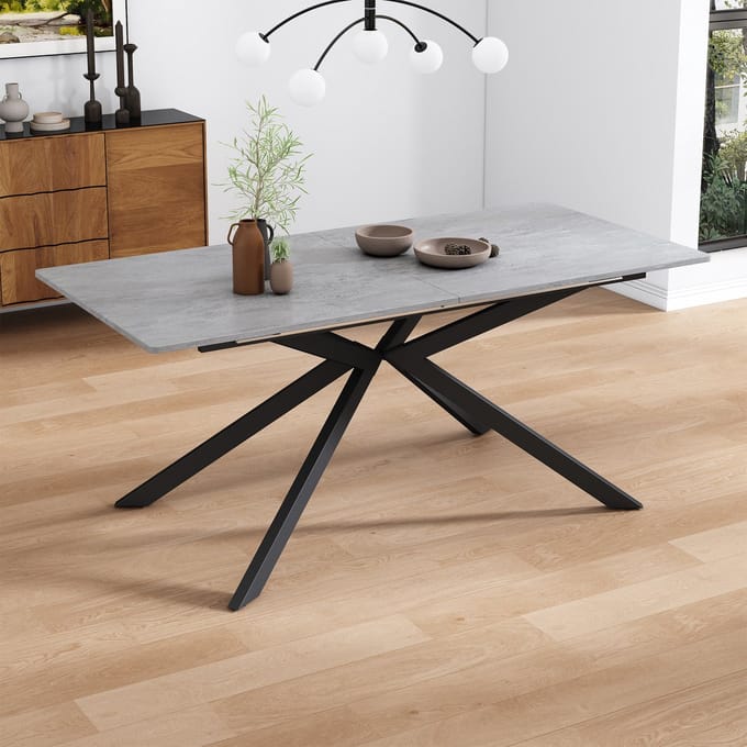 MODFU Uitschuifbare Eettafel - Kruispoot - Modern - Voor Eetkamer - MDF En Metaal - Zwart En Grijs