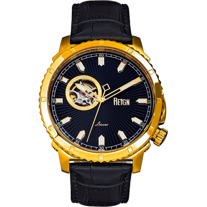 Reign Bauer automatisch semi-skelet lederen band horloge