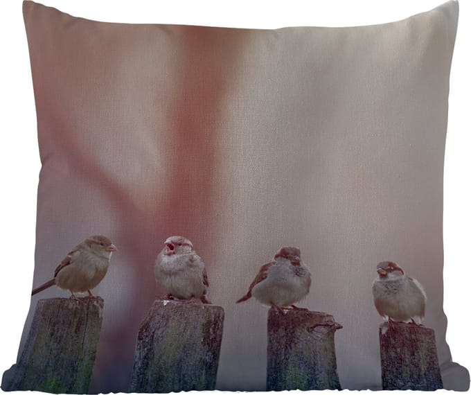 Tuinkussen - Vogels - Mussen - Paaltjes - Hout - 40x40 cm - Weerbestendig