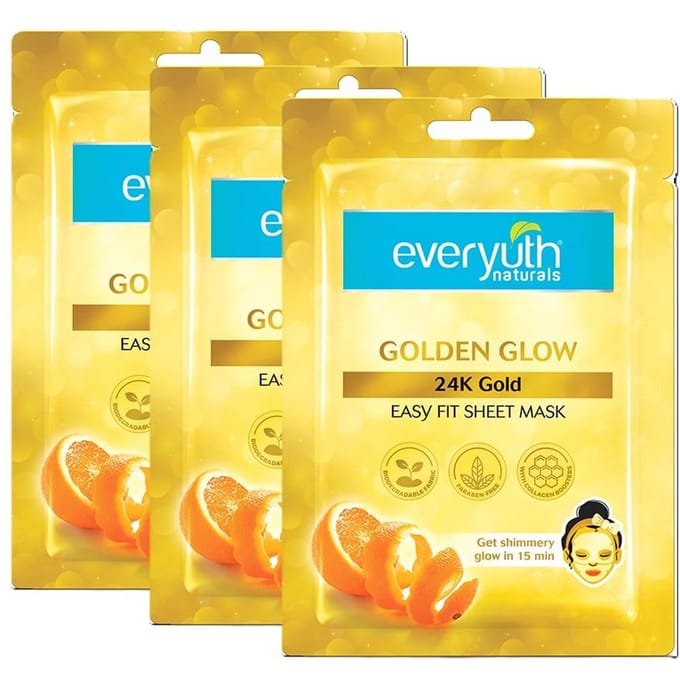 Everyuth Naturals Gouden Gloed 24K Gouden Bladmasker Pak van 3 Voor Stralende Huid Hydratatie Directe Gloed Gezichtsmasker Makkelijk te Passen Biologisch Afbreekbaar Ontwerp beige