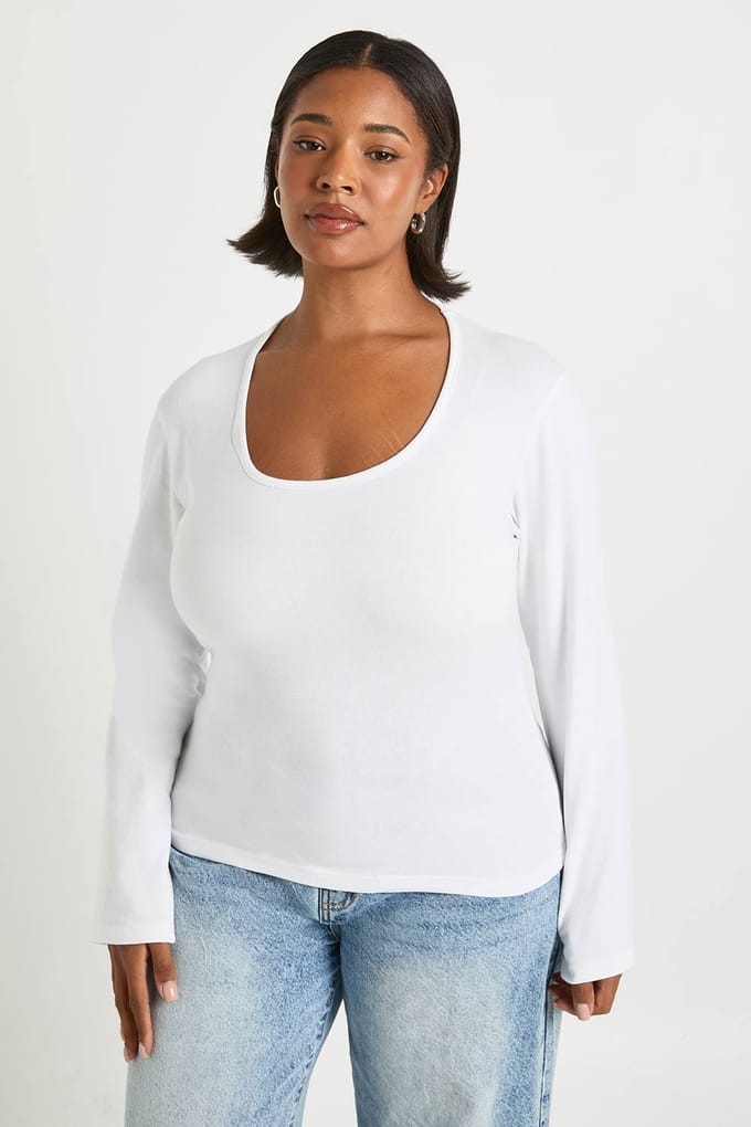 boohoo Dames Plus Basic Top met vierkante hals en lange mouwen | Wit | Maat: 44