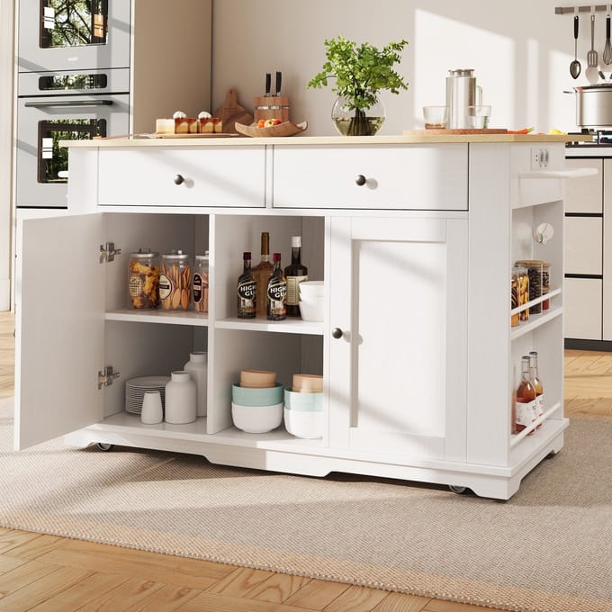 Keukentrolley - Met Stekkerdoos en Werkblad - Opbergkast - Houtlook - Wit