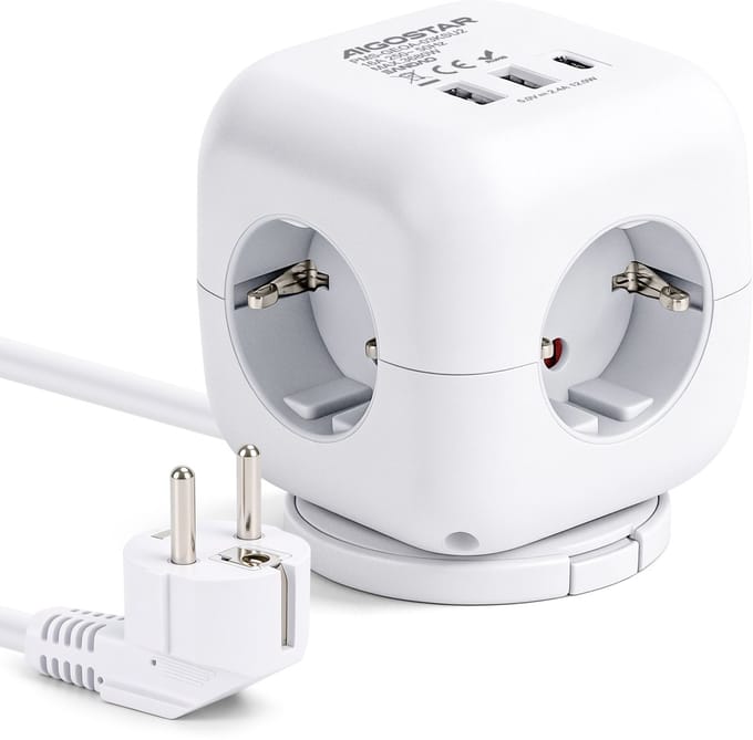 Aigostar Stekkerdoos met USB-C - 3 Stopcontacten - 2x USB-A - Kubus - 1,5 Meter - 3680W - Met Schakelaar - Wit