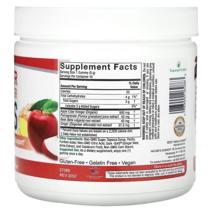 Nature's Answer, Appelciderazijn & Gember Smaak Gummibeertjes, met De Moeder, 500mg, 45 Pectine Gummibeertjes