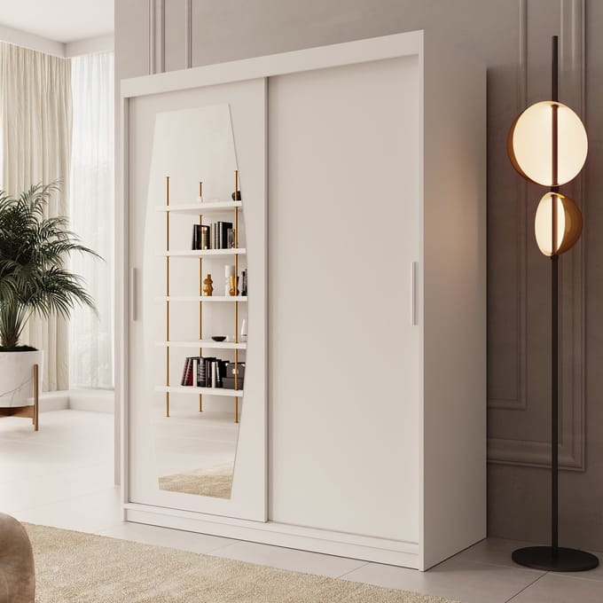 Meubella - Kledingkast Azai - Wit - 150 cm - Met spiegel