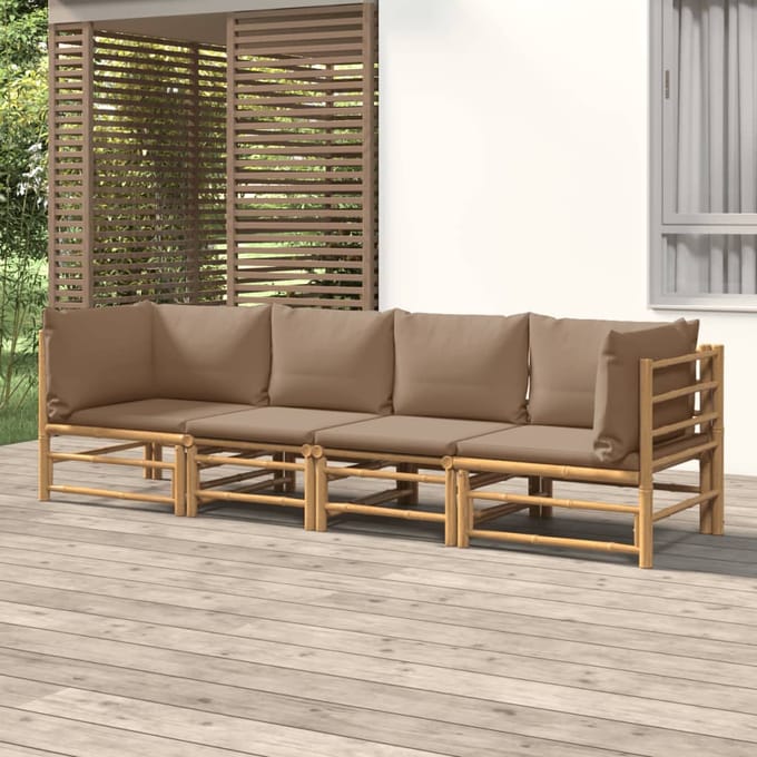 vidaXL - 4-delige - Loungeset - met - kussens - bamboe - taupe