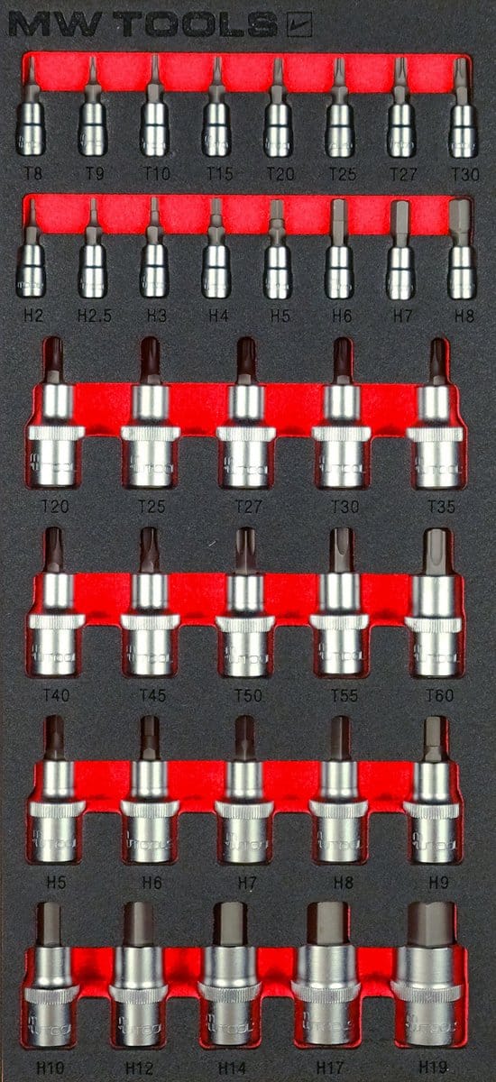 Dopbitsenset hex- Torx in foam tray 1/2- 1/4 HEX- TORX 36 delig MW Tools MWDBI141236
