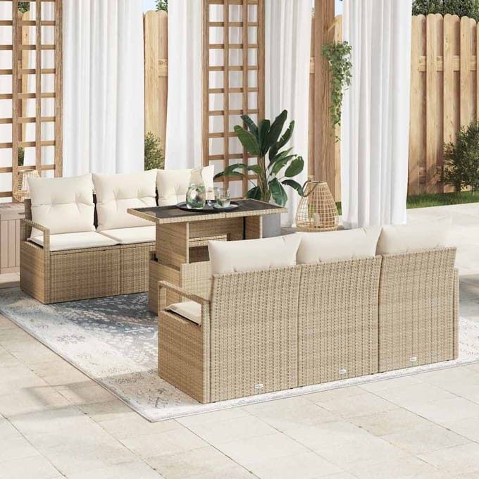 vidaXL Tuinbank Set met kussen met opslag 7 pcs Beige Poly rattan