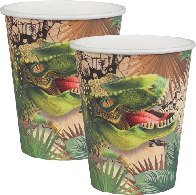 Santex feest wegwerp bekertjes - dinosaurus - 20x stuks - 270 ml - bruin/groen - karton