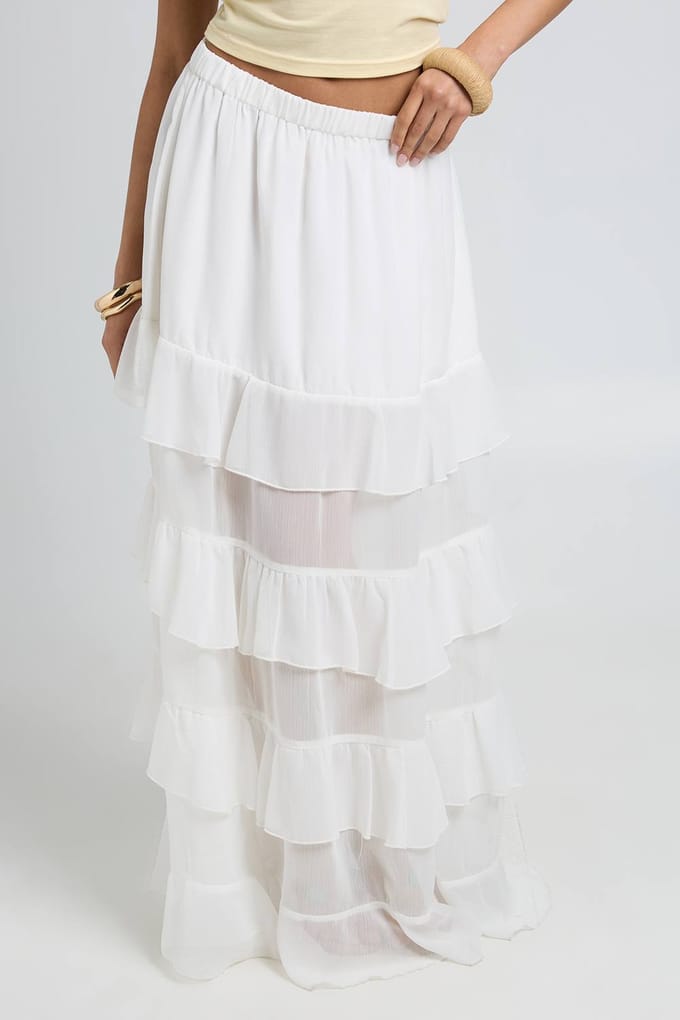 boohoo Dames Gelaagde Maxi Rok Met Ruches Van Chiffon | Wit | Maat: 42