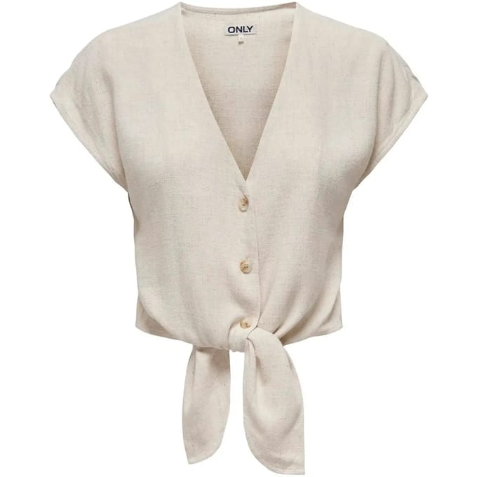 Only beige dames blouse   V-hals   Regular fit   Gemeleerd patroon   Knoopsluiting   Korte mouw Beige M
