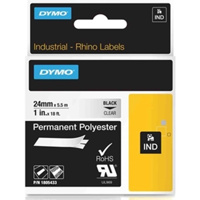 DYMO 1805433 IND Rhino tape permanent polyester zwart op transparant 24mm (origineel)