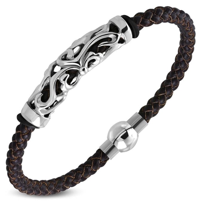 Amanto Armband Bilal - 316L Staal - Leer - Magnetische Sluiting - 11mm - 21cm