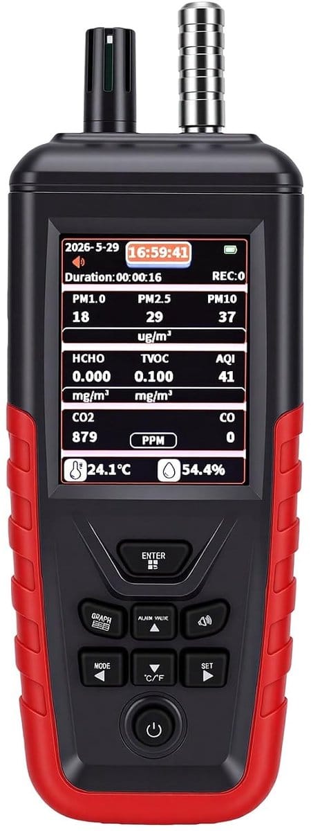 Luchtkwaliteitsmonitor - Luchtmeter Detector - Binnenlucht Analyseren - Zeskanaals Sensor - 2200mAh Batterij - Zwart