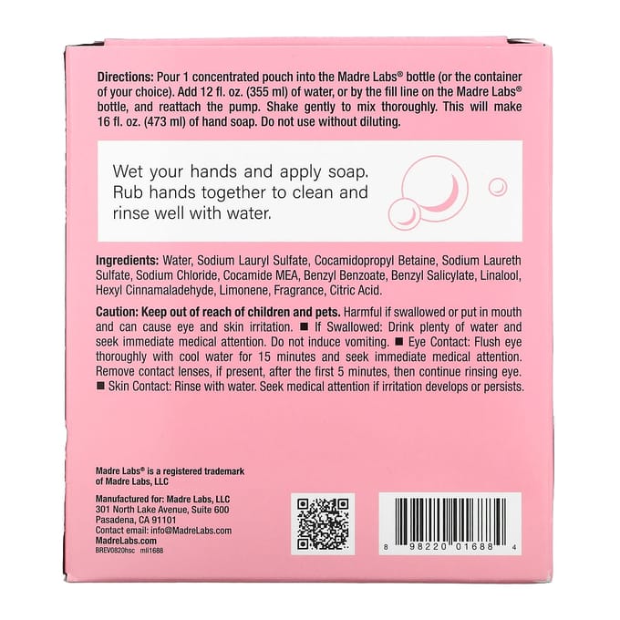 Madre Labs, Handdesinfectiemiddel, Drievoudig geconcentreerd, Navulbaar, Freesia, 6 zakjes, 120 ml (118 ml) Elk white