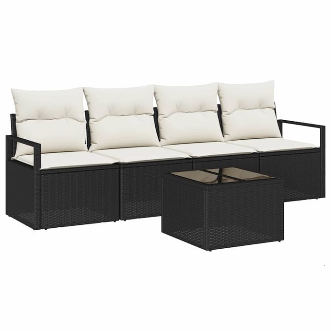 vidaXL Bankstel 5 st 4-zits Zwart en Crème poly rattan