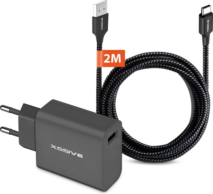 Quick Charge Set met 2 Meter USB A naar USB-C Kabel - Oplader Telefoon, Tablet en Draadloze Oortjes