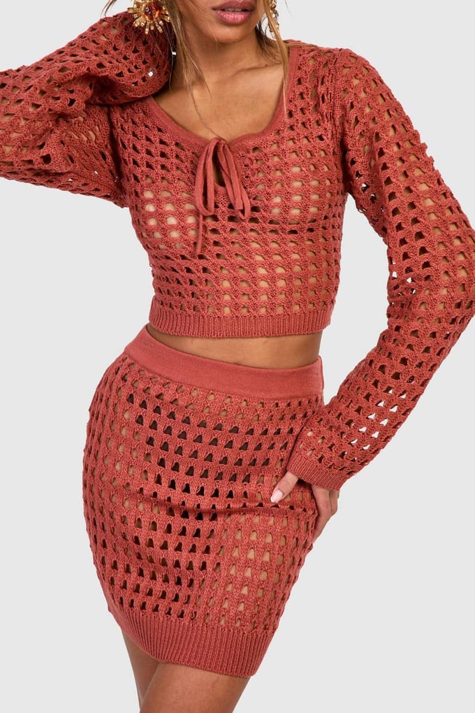 boohoo Dames Haak Mini Rok | Klei | Maat: Medium