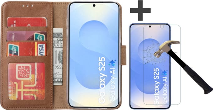Hoesje met Screenprotector Geschikt voor Samsung Galaxy S25 – Arara bookcase met pasjeshouder - Bruin