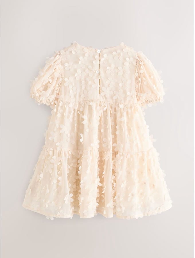 Next - Meisjes - Jurk met korte mouwen en 3D-bloemenprint - Crème