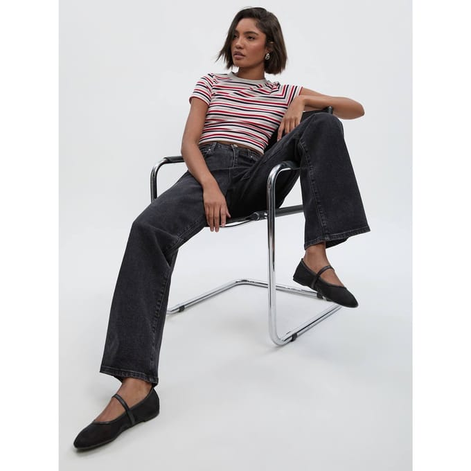 boohoo Dames De Lange Hoge Taille Losse Rechte Jeans | Washed Black | Maat: 8/34L