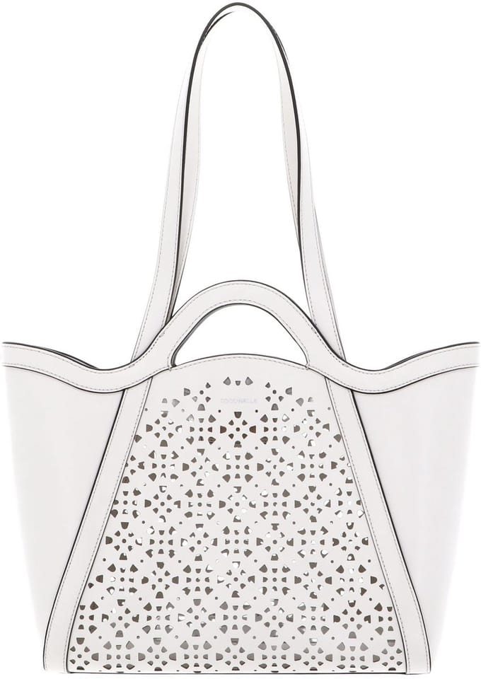 COCCINELLE Leren Schoudertas Shopper Amalia Cow Perforation Handbag Blanco Crème