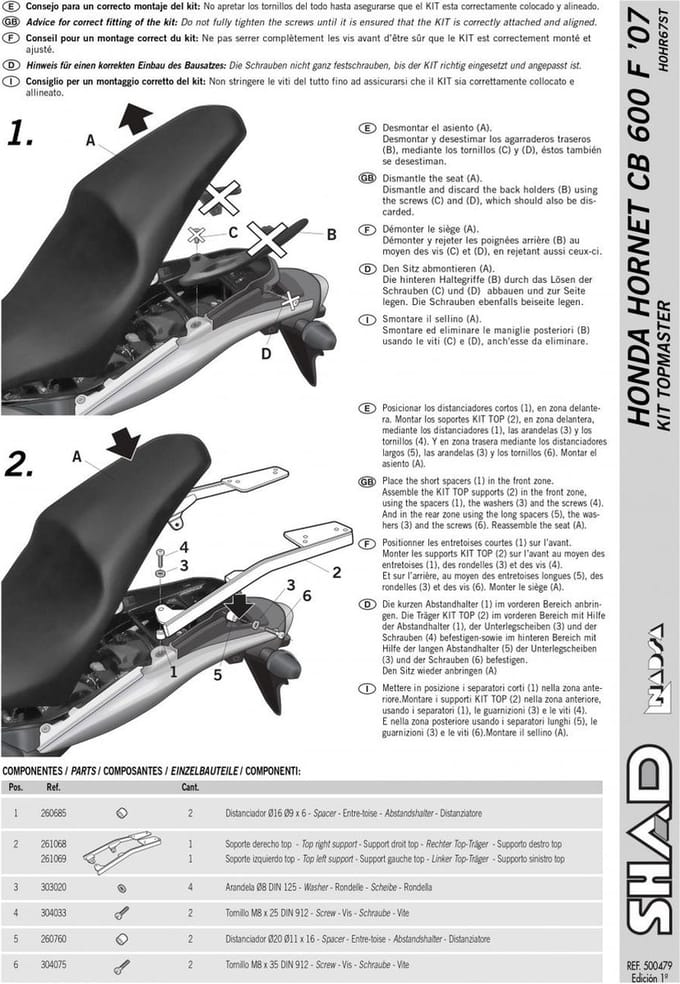 Support de top case Shad pour Moto Honda 600 Cb F Neuf
