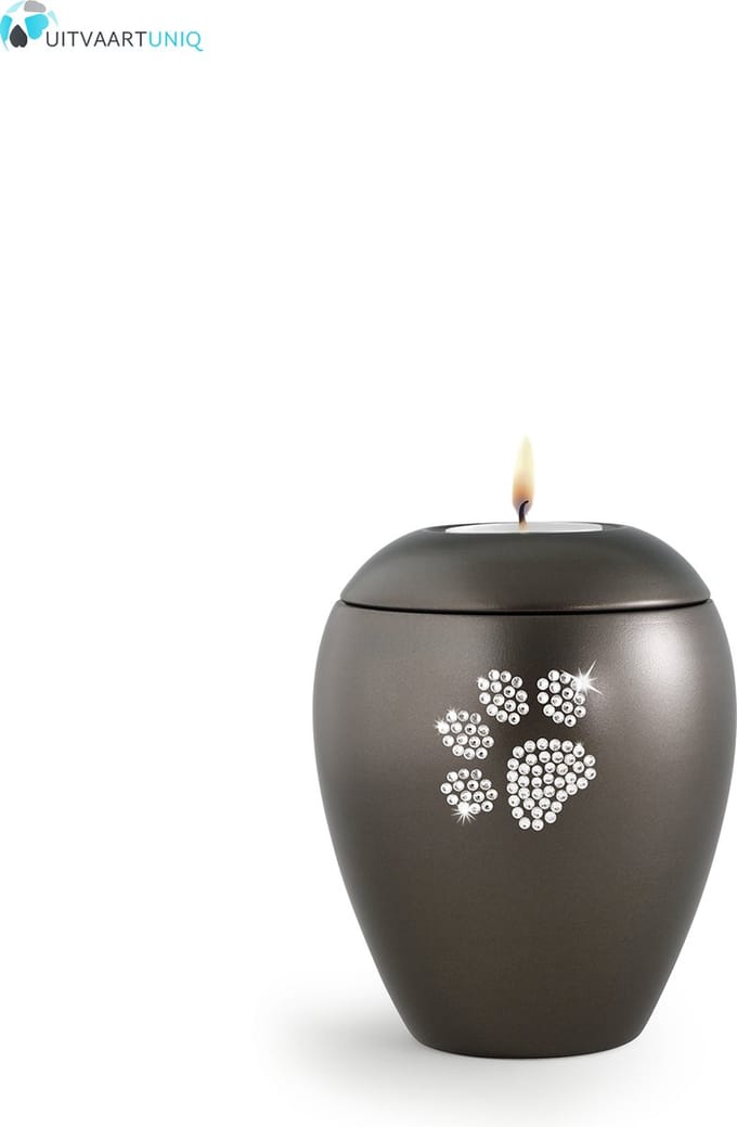 Dierenurn bruin paarlemoer swarovski pootafdruk met licht klein