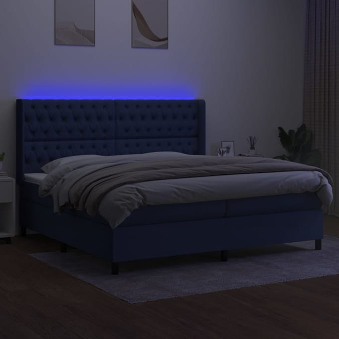 vidaXL - Boxspring - met - matras - en - LED - stof - blauw - 200x200 - cm