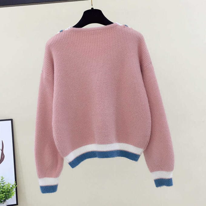 Pull Femme Dentelle Col V Pull-over Hiver Ample et Polyvalent Court Haut de Pull Tricoté 3XL pink