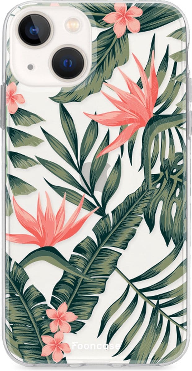 Fooncase Hoesje Geschikt voor iPhone 13 Mini - Shockproof Case - Back Cover / Soft Case - Tropical Desire / Bladeren / Roze