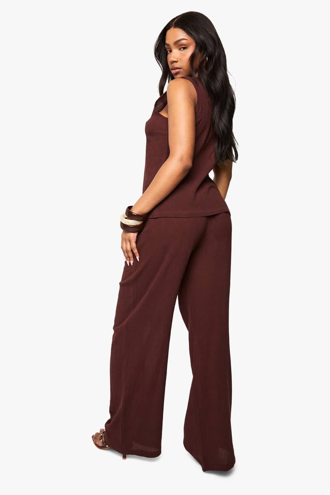boohoo Dames Crinkle Textured Wide Leg Trousers | Chocolate | Maat: 6