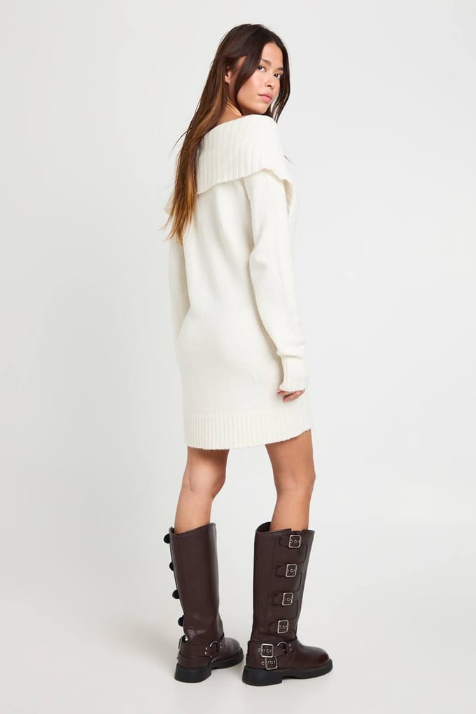 boohoo Dames Zacht gebreide oversized kraag off-shoulder pullover jurk | Ecru | Maat: Medium