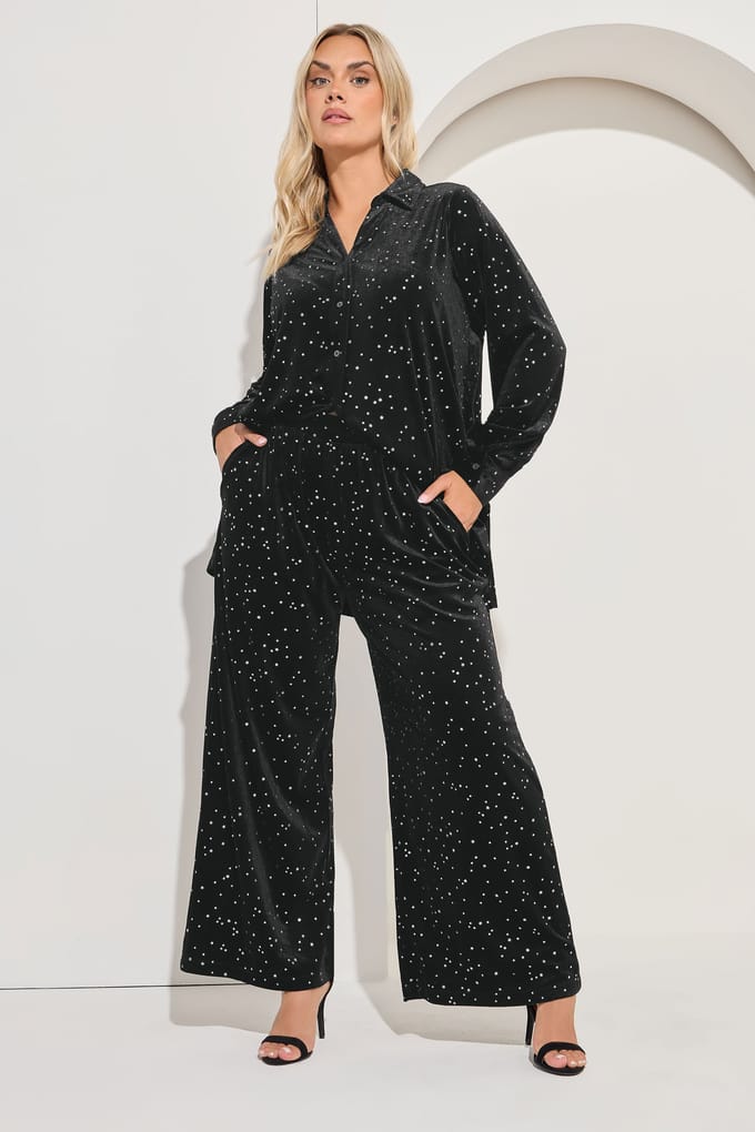 Yours Black Star Velours Broek Met Wijde Pijpen Size 42