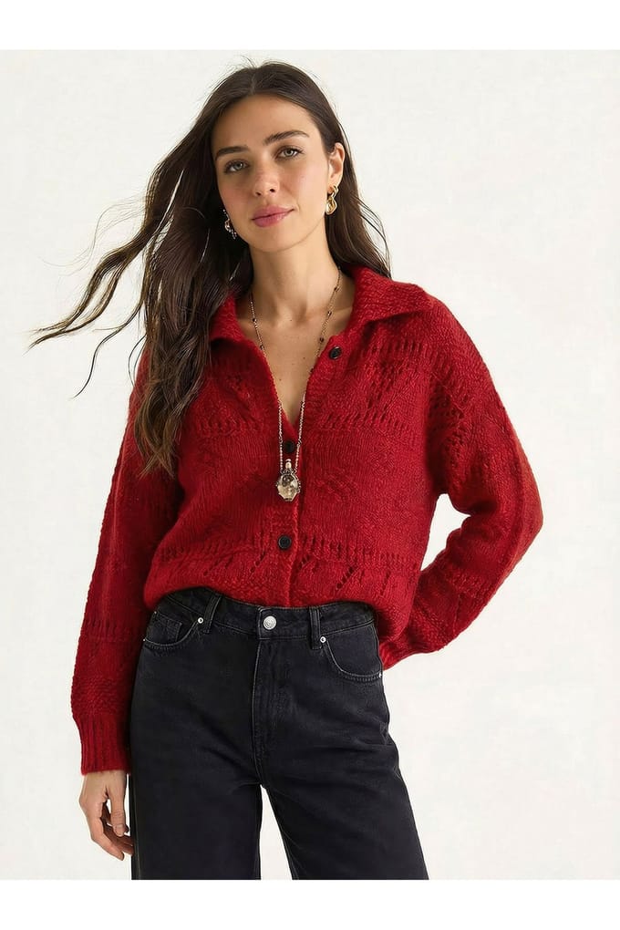 Gestructureerde Polo Kraag Knop Cardigan