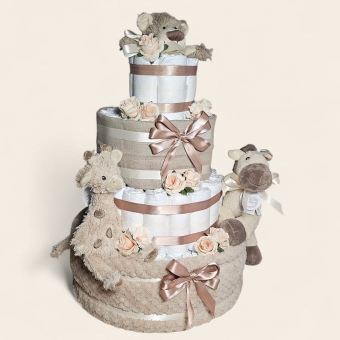 Mega Luiertaart 4-laags Beige – luxe unisex kraamcadeau