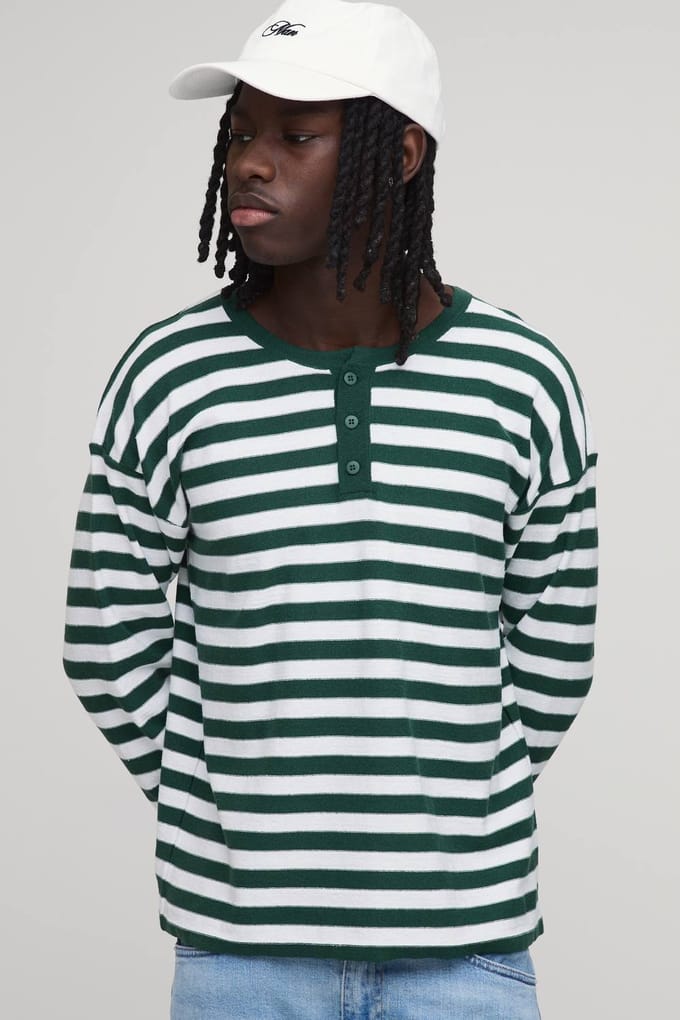 Regular Fit Henley Gestreept Gebreid T-shirt Met Lange Mouwen | Forest | Size Medium