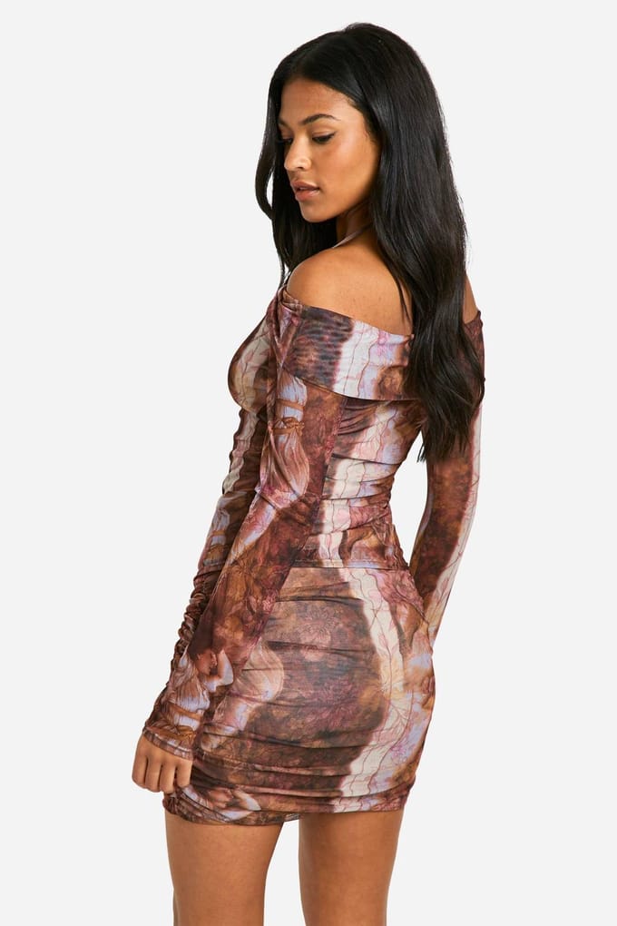 boohoo Dames Tall Renaissance Print Ruched Mini Skirt | Chocoladebruin | Maat: 38