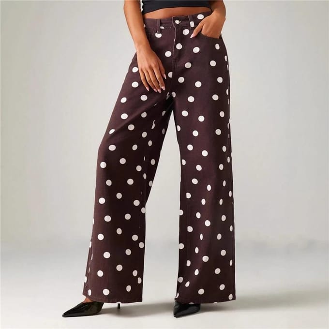 Modieuze Dames Stippen Losse Casual Denim Broek met Middelhoge Taille L bordeaux