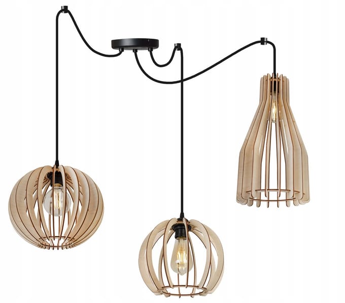 Hanglamp Houten Lamp 3 lichtpunten E27 Zwart/Hout Boho Mix